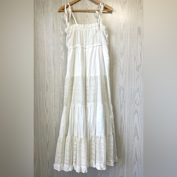 A'reve | Anthropologie Ivory Ruched Lace Maxi Summer Dress Size L NWOT - Picture 4 of 4